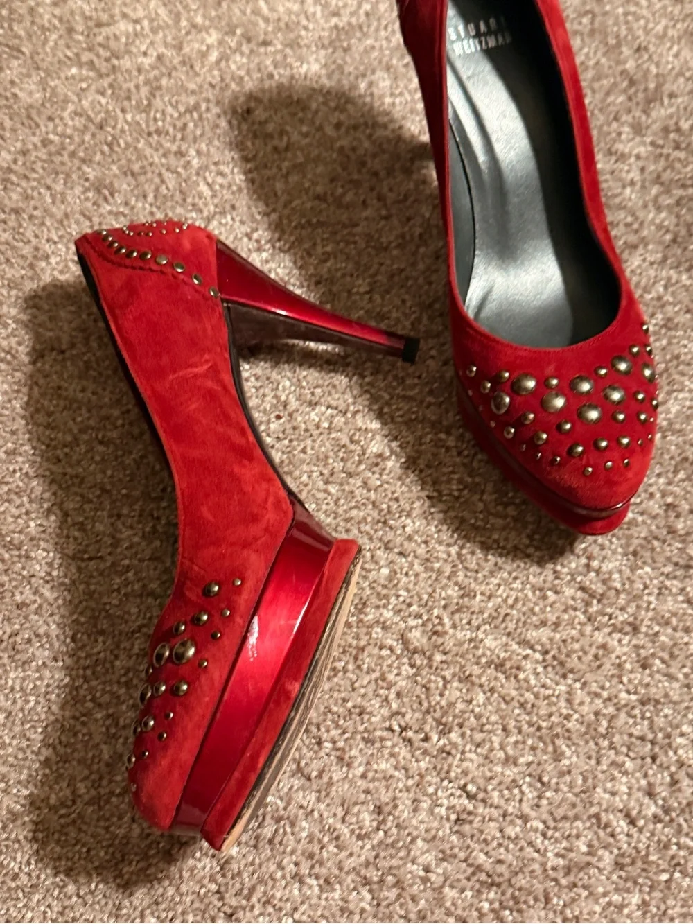 Stuart Weitzman Red Suede Studded Pointed-Toe Pumps